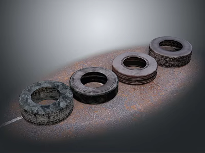 Old Worn Rusted Tires Arranged In A Row On Rusty Ground Surface 3d model
