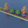 Vibrant Garden Landscape Design With Green Shrubs Orange Trees And Purple Flowers