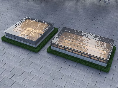Two Square Outdoor Platforms On Paved Ground With Green Grass Borders And Wooden Glass Tops 3d model