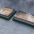 Two Square Outdoor Platforms On Paved Ground With Green Grass Borders And Wooden Glass Tops