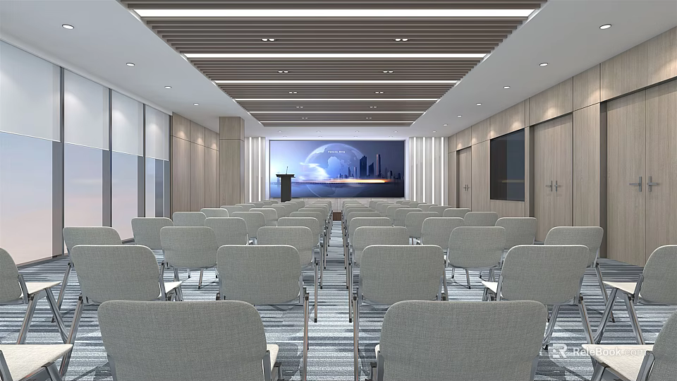 Modern Conference Room Interior With Arranged Chairs Podium And Large Screen 3d model 