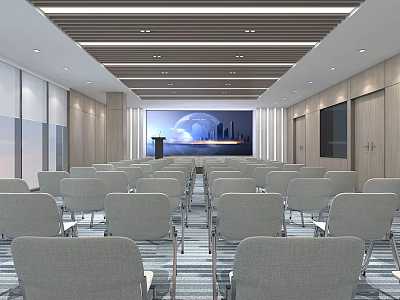 Modern Conference Room Interior With Arranged Chairs Podium And Large Screen 3d model