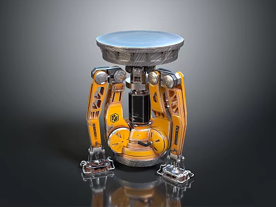 Yellow Mechanical Device With Round Top Metallic Arms And Base On Black Background 3d model