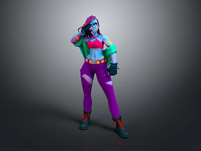 Woman With Purple Hair And Sunglasses Wearing Red Top Green Jacket Purple Pants Orange Belt 3d model