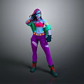 Woman With Purple Hair And Sunglasses Wearing Red Top Green Jacket Purple Pants Orange Belt