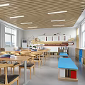School Classroom Interior With Wooden Ceiling Desks Chairs And Bookshelves
