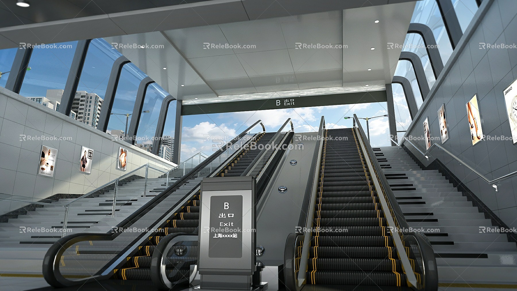 Subway entrance and exit escalator with animation escalator crawler elevator 3d model