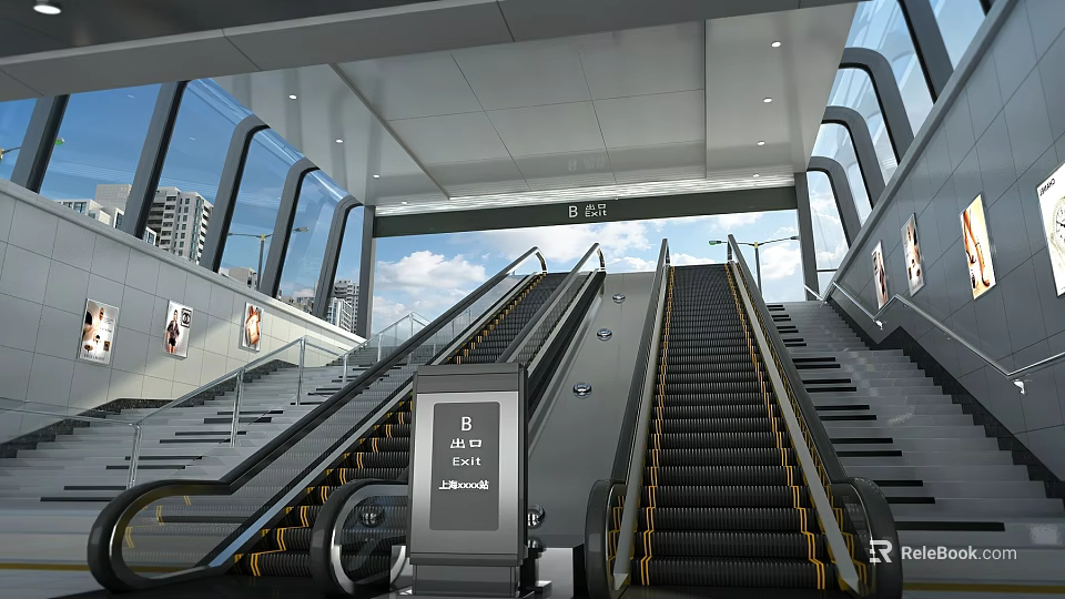 Modern Station Interior With Escalators Stairs And Digital Directional Signage 3d model 