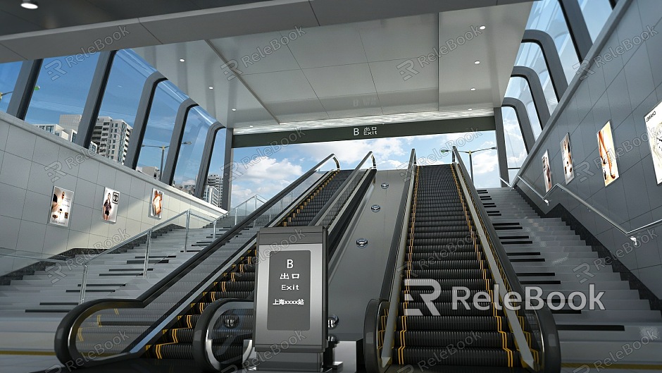 Subway entrance and exit escalator with animation escalator crawler elevator model