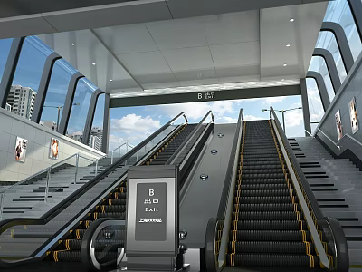 Modern Station Interior With Escalators Stairs And Digital Directional Signage 3d model
