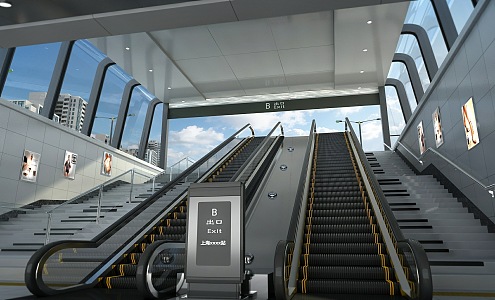 Subway entrance and exit escalator with animation escalator crawler elevator 3d model