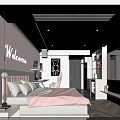 Modern Pink Bedroom Interior With Welcome Sign Bed Desk Chair And TV