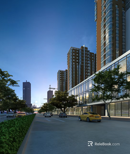 Modern Commercial Street With High Rise Buildings Green Trees And Vehicles 3d model 