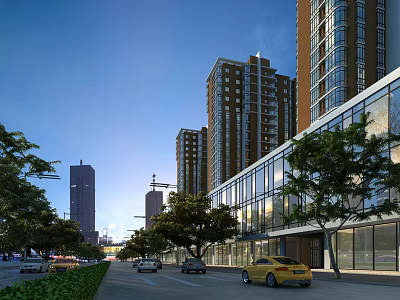 Modern Commercial Street With High Rise Buildings Green Trees And Vehicles 3d model