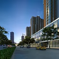 Modern Commercial Street With High Rise Buildings Green Trees And Vehicles