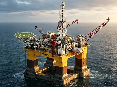 Industrial Equipment On Offshore Oil Drilling Platform With Cranes And Drilling Tower 3d model