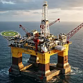 Industrial Equipment On Offshore Oil Drilling Platform With Cranes And Drilling Tower