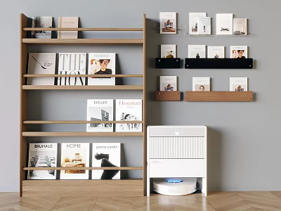 Modern Wooden Bookshelf With Shelves Books Photo Frames And Pet Litter Box On Wooden Floor 3d model