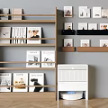Modern Wooden Bookshelf With Shelves Books Photo Frames And Pet Litter Box On Wooden Floor