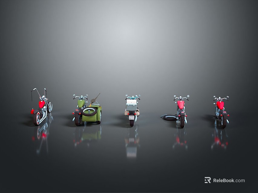 Five Different Style Motorcycles Lined Up On Reflective Floor With Grey Background 3d model 