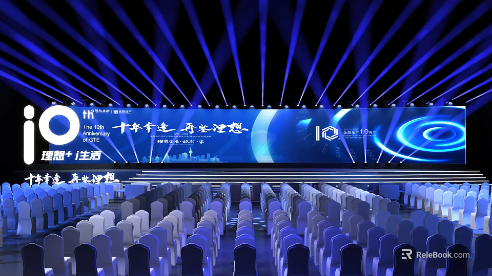 Large Event Venue With Blue Lighting Stage Backdrop Screen And Arranged Chairs 3d model 