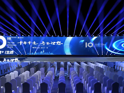 Large Event Venue With Blue Lighting Stage Backdrop Screen And Arranged Chairs 3d model