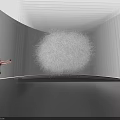 Person Interacting With Cloud Like Art Installation With Transparent Lines In White Gallery