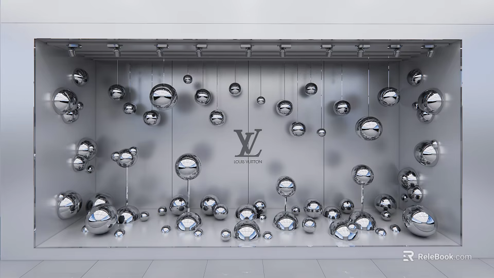 Louis Vuitton Window Display with Hanging Silver Spheres and Artistic Arrangement Design 3d model 