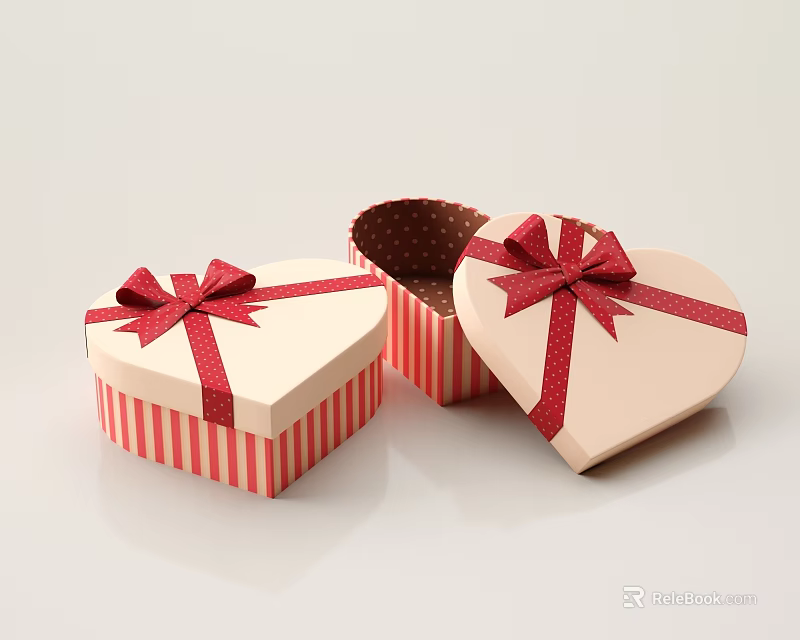 Heart Shaped Gift Boxes With Red Bows And Striped Design Open With Polka Dot Lining 3d model 