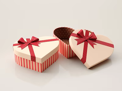 Heart Shaped Gift Boxes With Red Bows And Striped Design Open With Polka Dot Lining 3d model