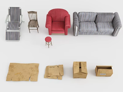Assorted Household Items Featuring Striped Sofa Wooden Chairs Red Stool And Cardboard Boxes 3d model
