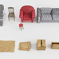 Assorted Household Items Featuring Striped Sofa Wooden Chairs Red Stool And Cardboard Boxes