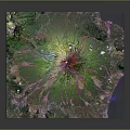 3D Volcanic Terrain Rendering With Central Red Crater Surrounded By Green Vegetation And Blue Water