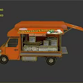 Orange Food Truck With Open Side Door And Food Display Trays