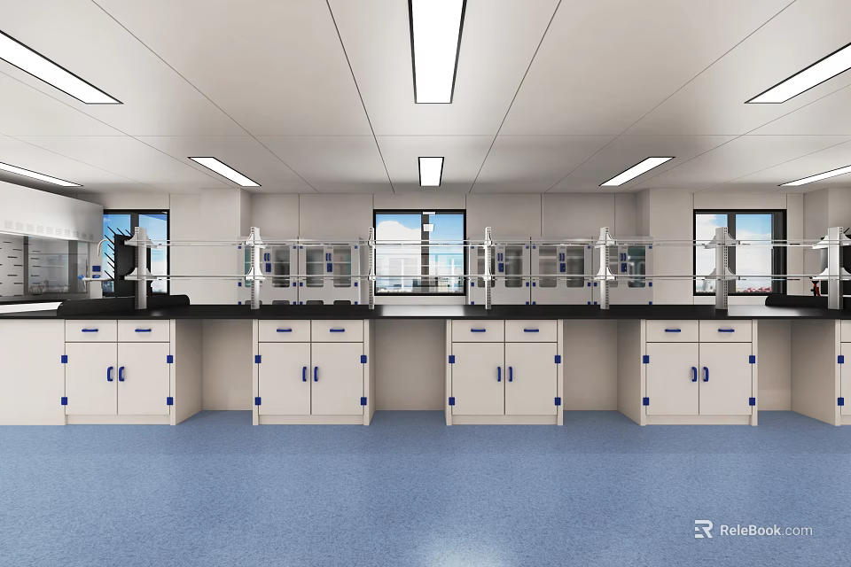 Modern Laboratory With Lab Benches Cabinets Windows Ceiling Lights And Blue Flooring 3d model 