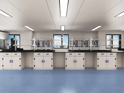 Modern Laboratory With Lab Benches Cabinets Windows Ceiling Lights And Blue Flooring 3d model