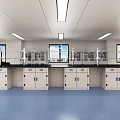 Modern Laboratory With Lab Benches Cabinets Windows Ceiling Lights And Blue Flooring