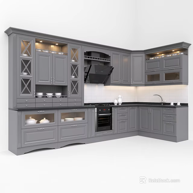 Modern Gray Kitchen Cabinets In Stylish Interior With Glass Doors And Dishes 3d model 