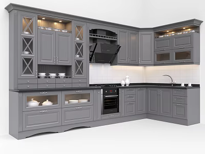 Modern Gray Kitchen Cabinets In Stylish Interior With Glass Doors And Dishes 3d model