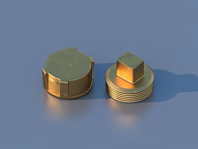 Golden Metal Parts Featuring Circular Edge And Threaded Base With Square Top 3d model