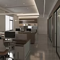 Modern Office Interior With Open Desk Computer Bookshelf Green Plant And Glass Partition