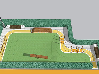 Colorful Children's Play Area With Green Lawn Yellow Seats And Wooden Benches 3d model
