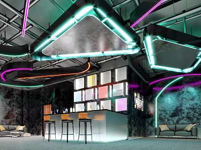 Modern Lounge Area With Neon Lighting Bar Stools And Sofas 3d model