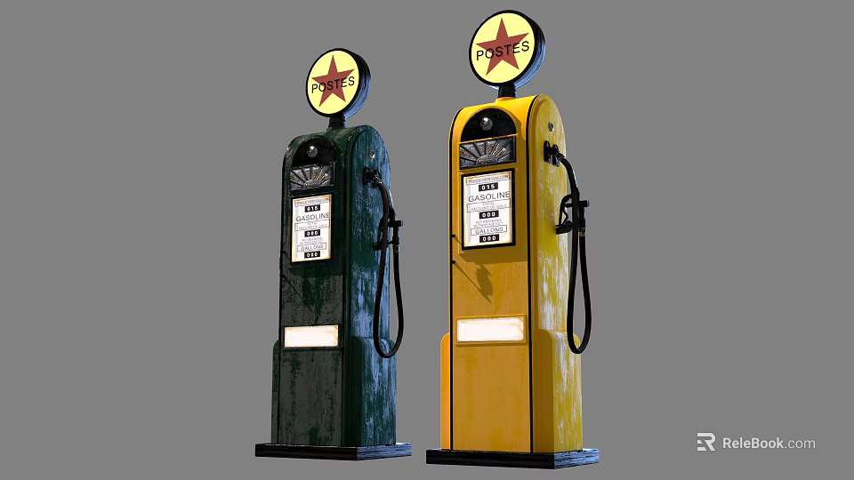 Vintage Gas Pumps With Red Star Logos In Green And Yellow Colors 3d model 
