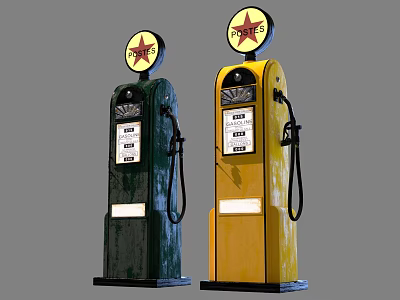 Vintage Gas Pumps With Red Star Logos In Green And Yellow Colors 3d model