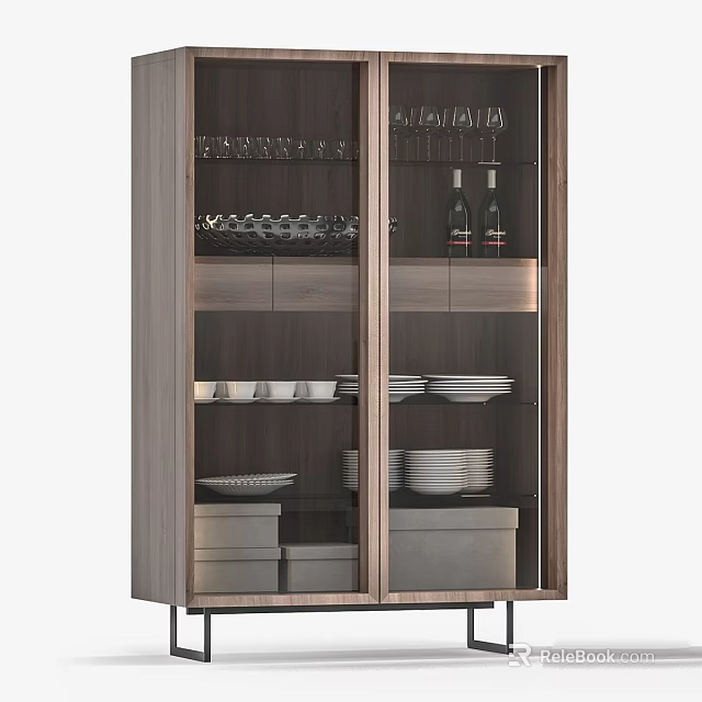 Stylish Wooden Sideboard With Glass Doors Holding Dinnerware Plates Bowls And Bottles 3d model 