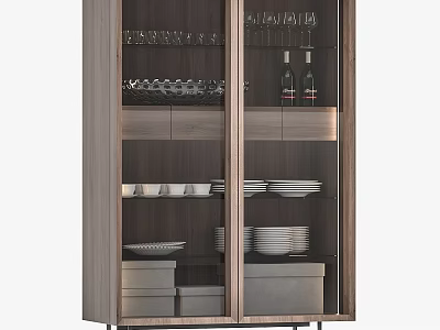Stylish Wooden Sideboard With Glass Doors Holding Dinnerware Plates Bowls And Bottles 3d model