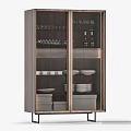 Stylish Wooden Sideboard With Glass Doors Holding Dinnerware Plates Bowls And Bottles