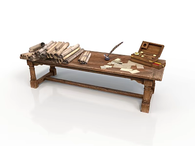 Vintage Wooden Writing Table With Scrolls Quill Pen Inkwell Papers And Small Case 3d model