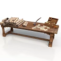 Vintage Wooden Writing Table With Scrolls Quill Pen Inkwell Papers And Small Case